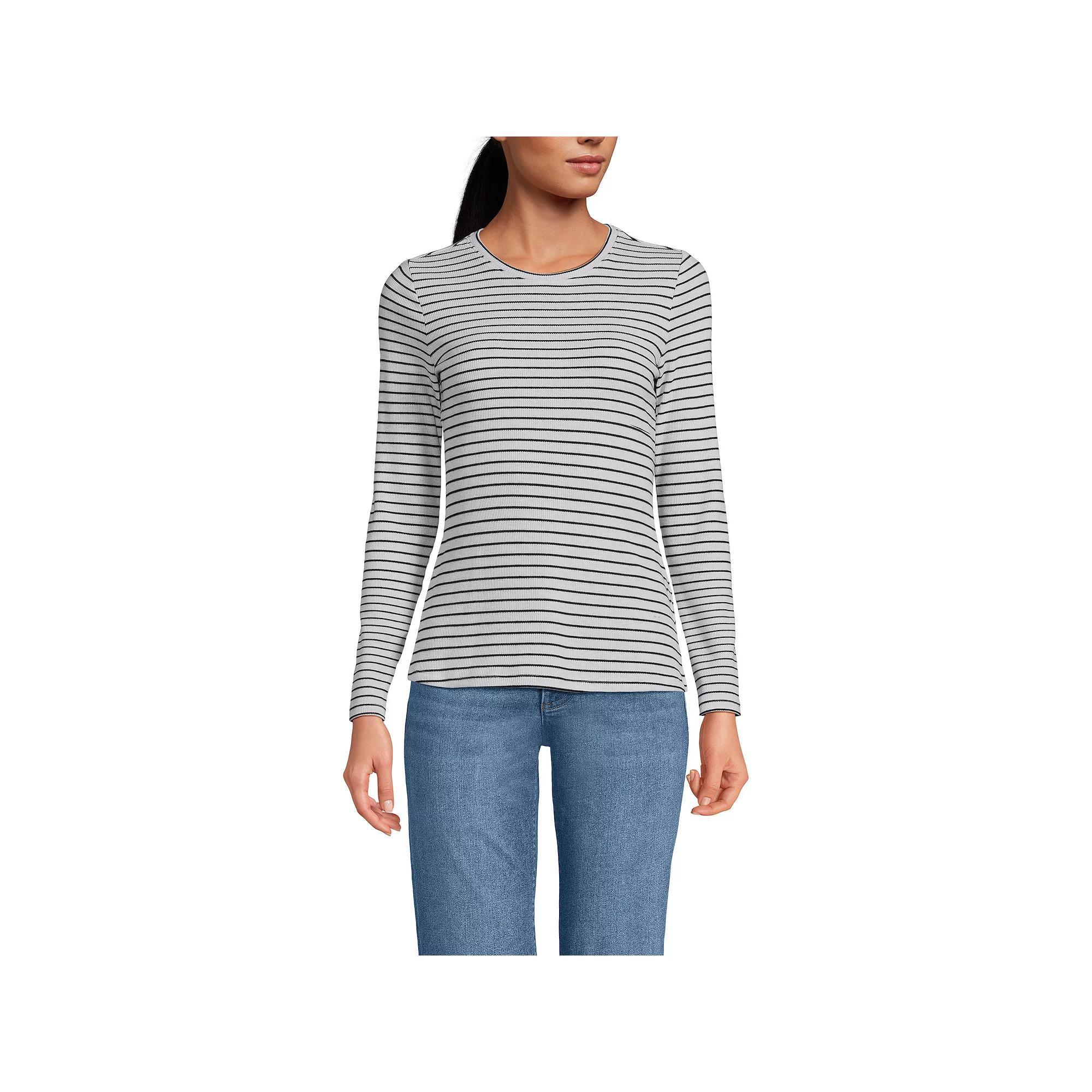 Women's Lands' End Long Sleeve Baby Waffle Crew T-shirt, Size: XL, Ivory Black Stripe Product Image