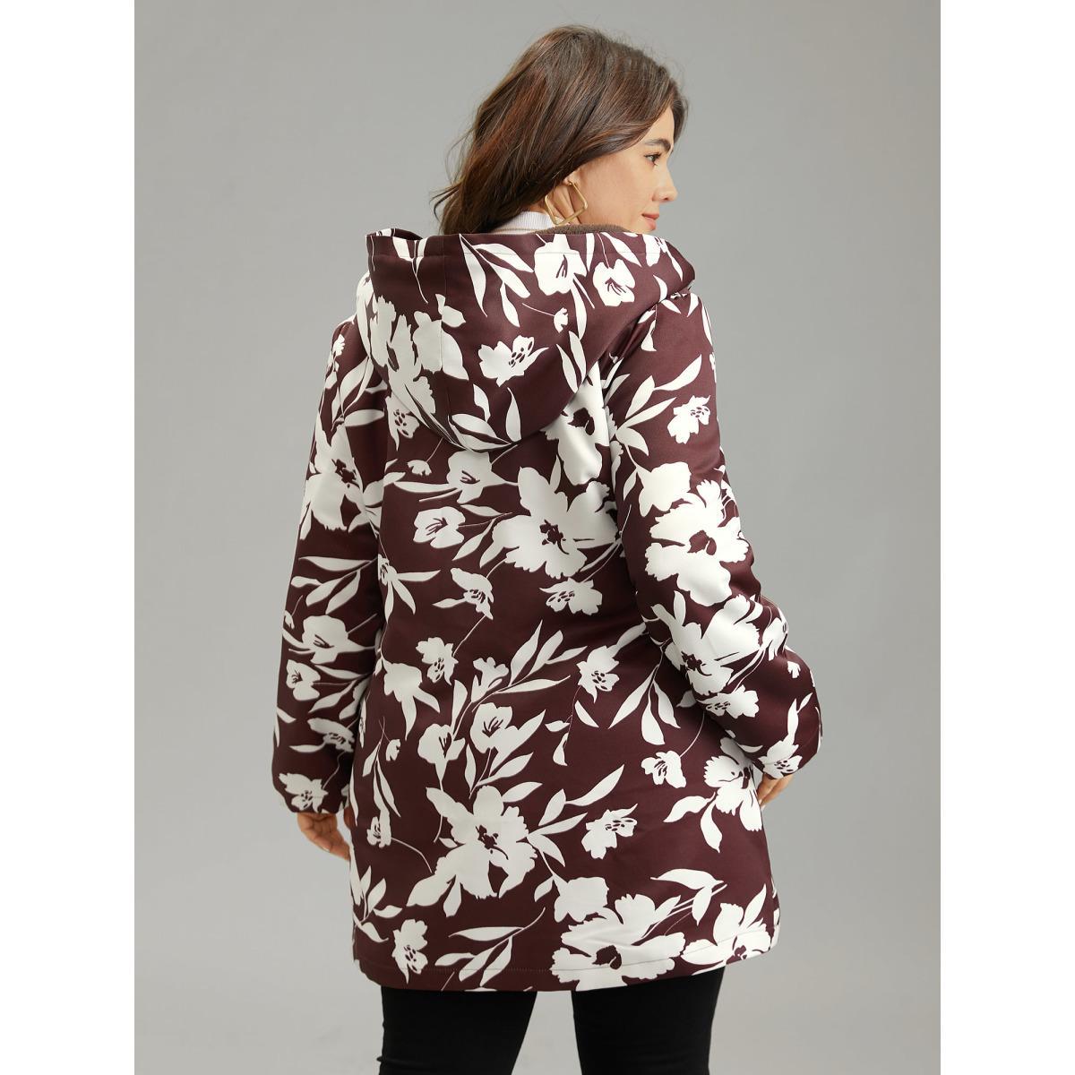 Plus Size Silhouette Floral Print Fuzzy Zipper Hooded Coat Women Scarlet Casual Lined Ladies Dailywear Winter Coats BloomChic 18-20/2X Product Image