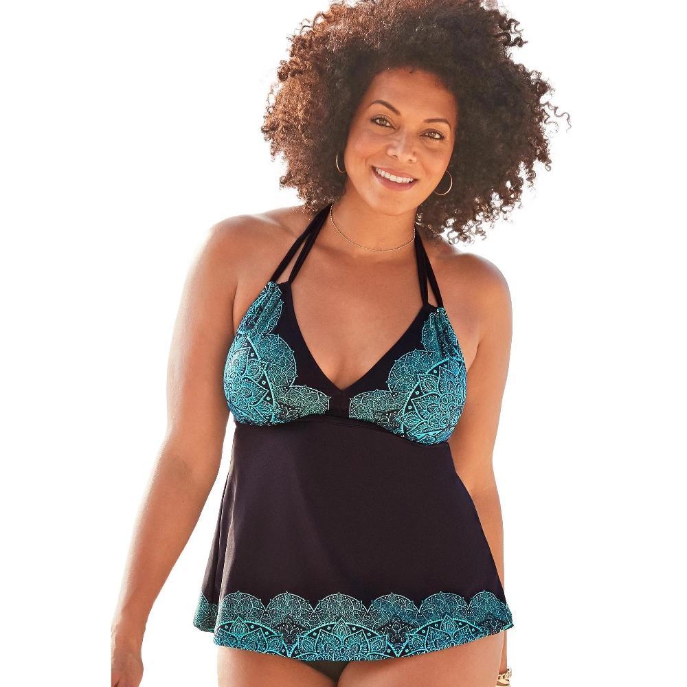 Swimsuits for All Women's Plus Size Plunge Ruffle Swimdress - 20, Fire Coral Product Image