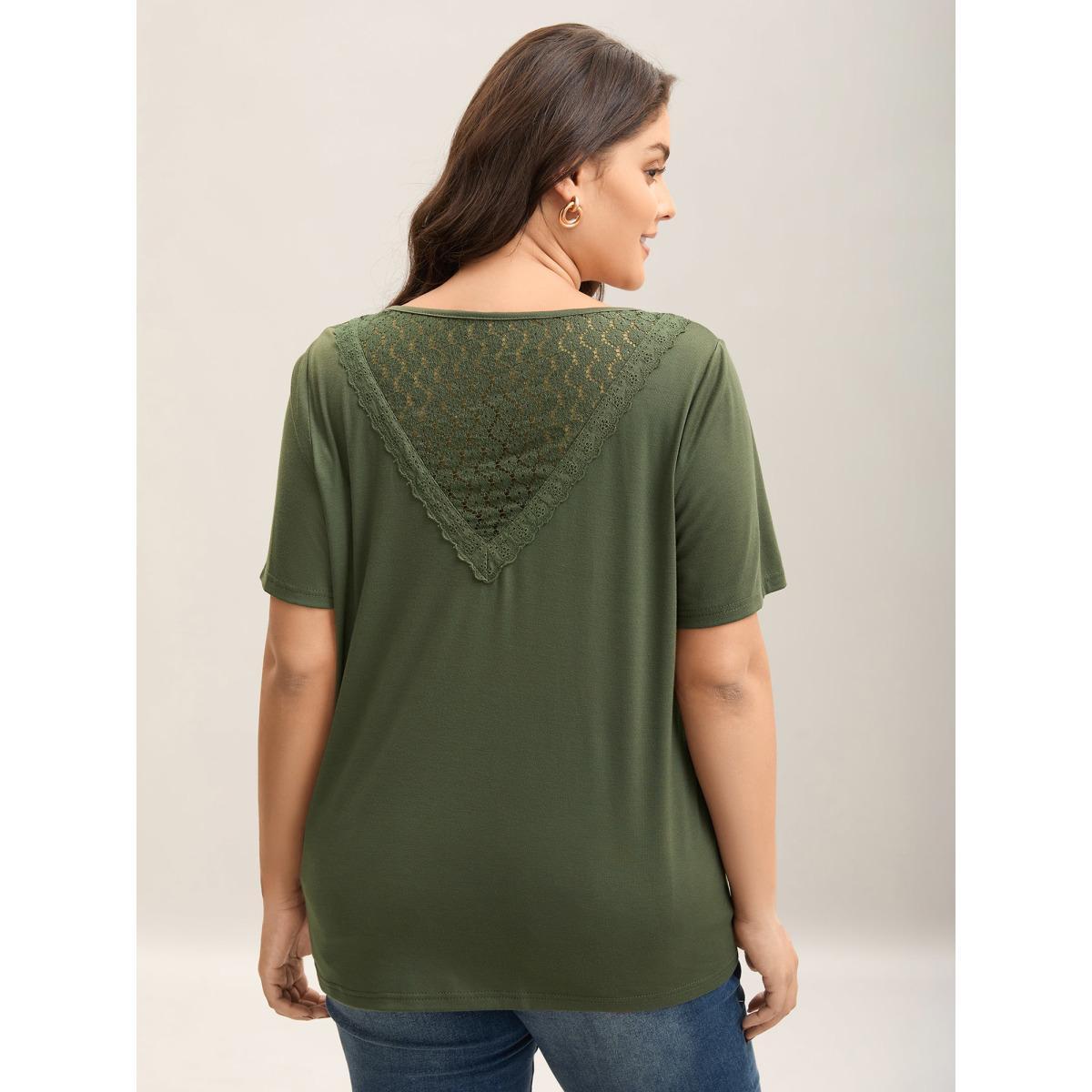 Plus Size Stretchy Floral Back Cut-Out T-Shirt ArmyGreen Women Elegant Woven ribbon&lace trim V-neck Everyday T-shirts BloomChic 14-16/1X Product Image