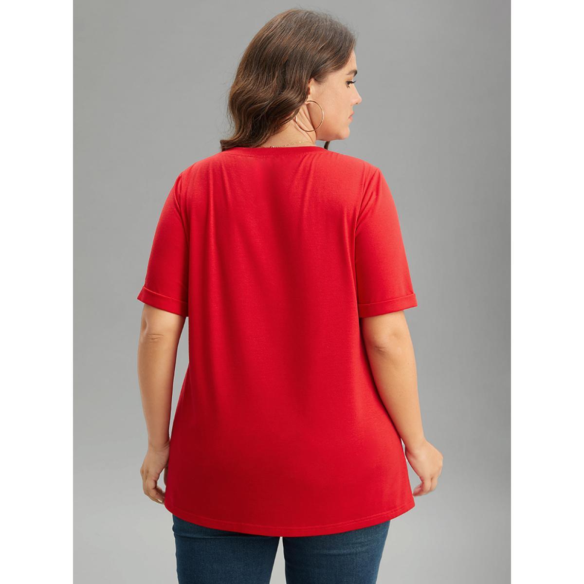 Plus Size Christmas Cat Print Cuffed Sleeve T-shirt Red Women Casual Printed Christmas Festival-Christmas T-shirts BloomChic 10/M Product Image