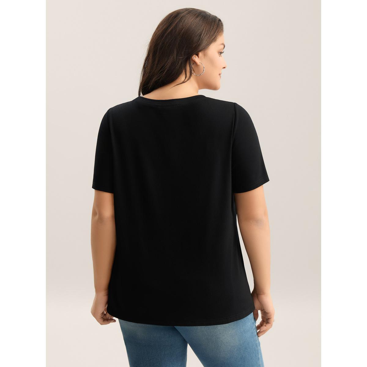 Plus Size Floral Embroidered Neck Solid T-Shirt Black Women Embroidered Round Neck Everyday-Casual T-shirts BloomChic 26/4X Product Image