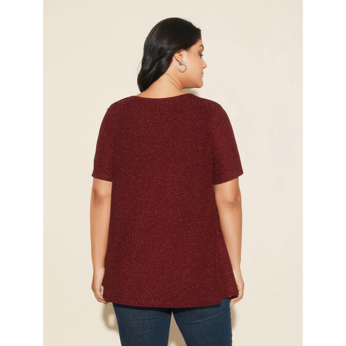 Plus Size Shimmering Gold & Silver Thread A-Line Tee Burgundy Women Casual Non Round Neck Loose Everyday T-shirts BloomChic 30/6X Product Image