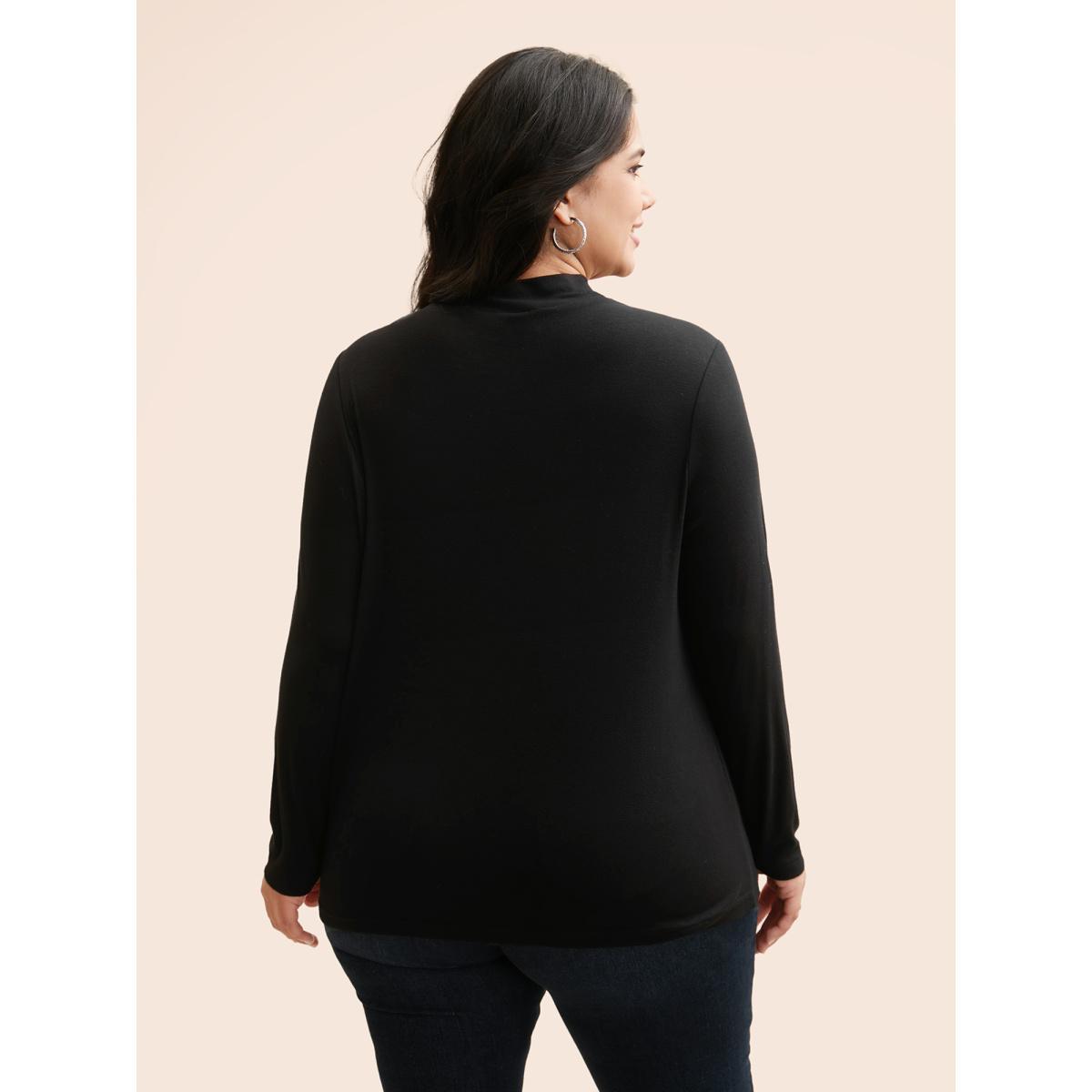 Plus Size Mock Neck Mesh Patchwork Stretchy T-shirt Black Women Casual See through Stand-up collar Everyday T-shirts BloomChic 26/4X Product Image