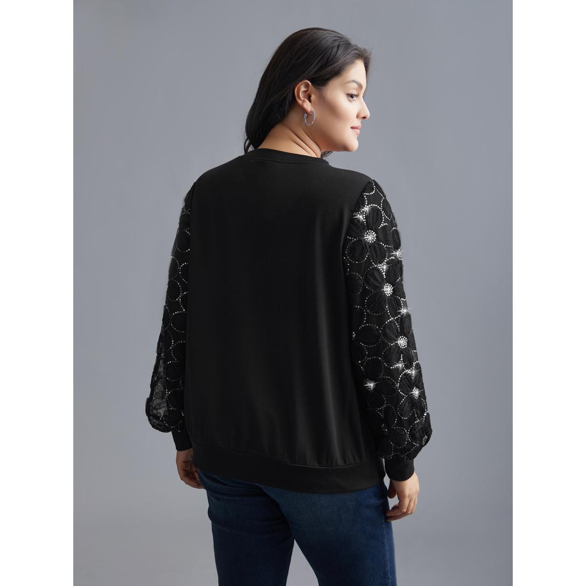 Plus Size Floral Sequin Mesh Patchwork Sweatshirt Women Black Elegant Patchwork Round Neck Everyday Sweatshirts BloomChic 30/6X Product Image