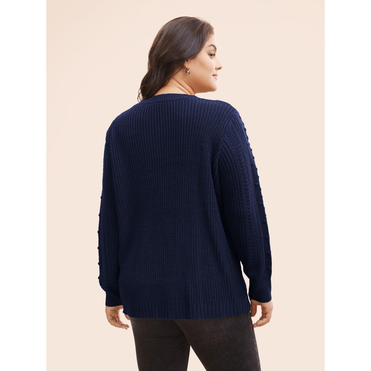 Plus Size Solid Round Neck Cable Knit Pullover Indigo Women Casual Long Sleeve Round Neck Everyday Pullovers BloomChic 26/4X Product Image