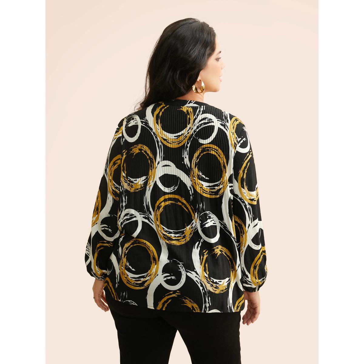 Plus Size BlackFlower Brush Print Pleated Lantern Sleeve Blouse Women At the Office Long Sleeve V-neck Work Blouses BloomChic 18-20/2X Product Image