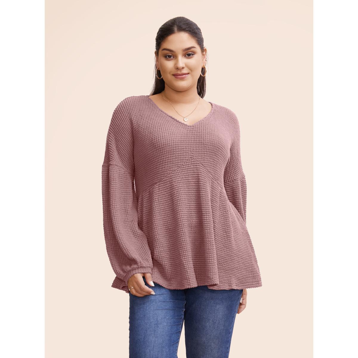 Plus Size Waffle Knit Lantern Sleeve Flutter Hem Sweatshirt Women DustyPink Elegant Texture V-neck Dailywear Sweatshirts BloomChic 22-24/3X Product Image