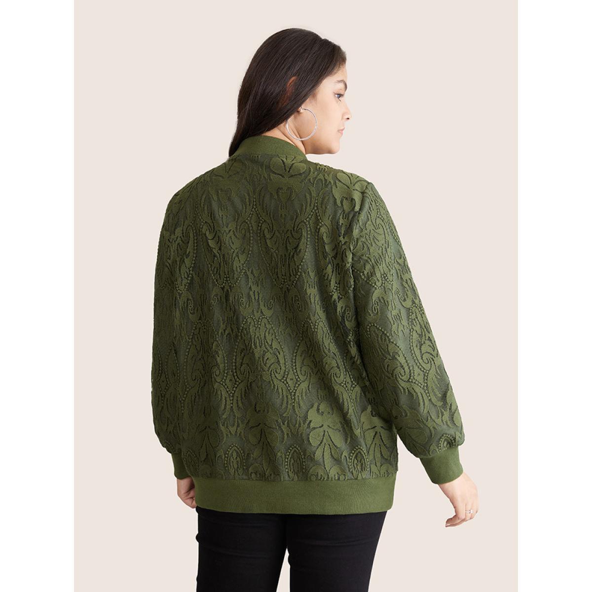 Plus Size Silhouette Floral Print Zipper Lace Panel Jacket Women ArmyGreen Elastic cuffs Pocket Everyday Jackets BloomChic 18-20/2X Product Image