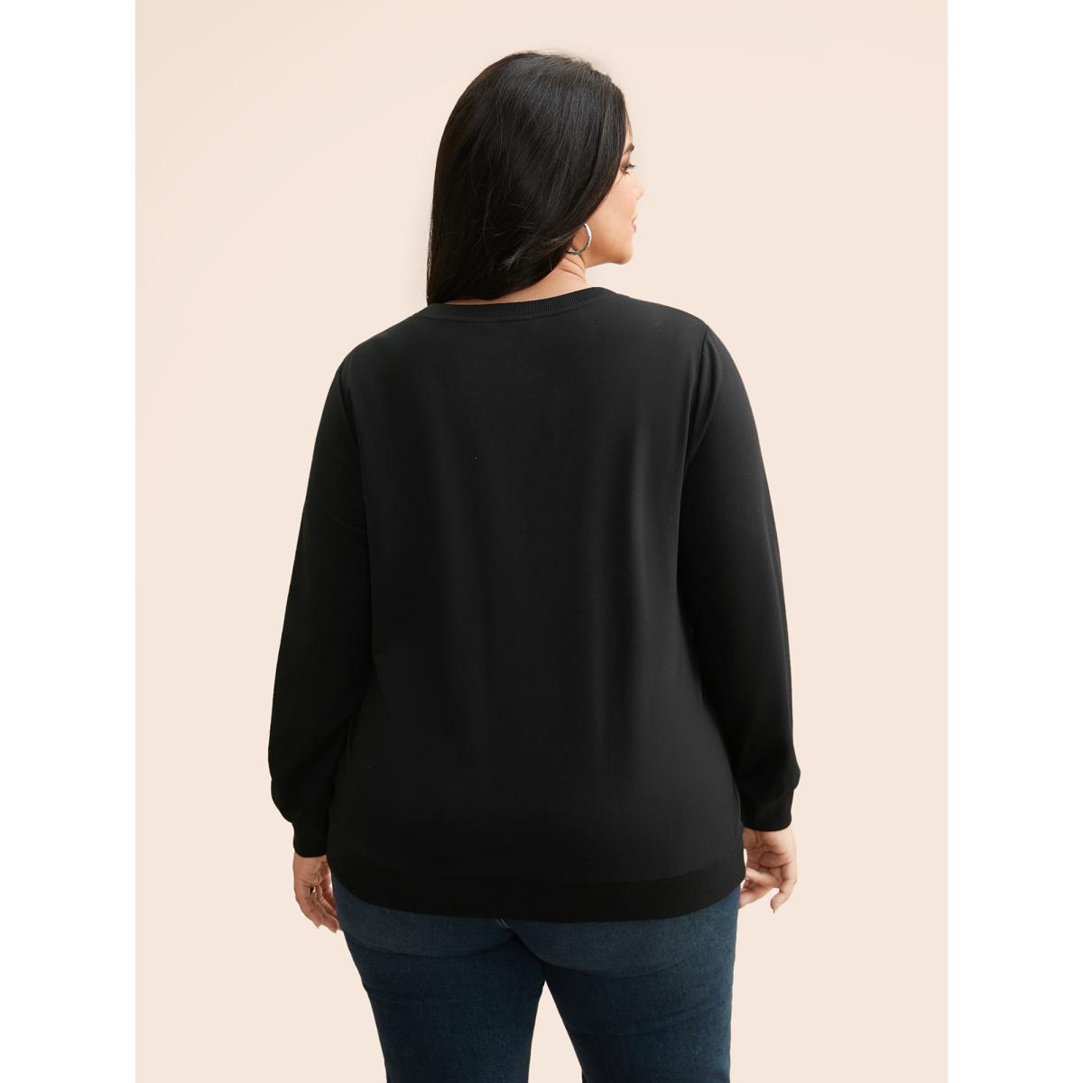 Plus Size Broderie Anglaise Round Neck Sweatshirt Women Black Elegant Broderie anglaise Round Neck Everyday Sweatshirts BloomChic 28/5X Product Image