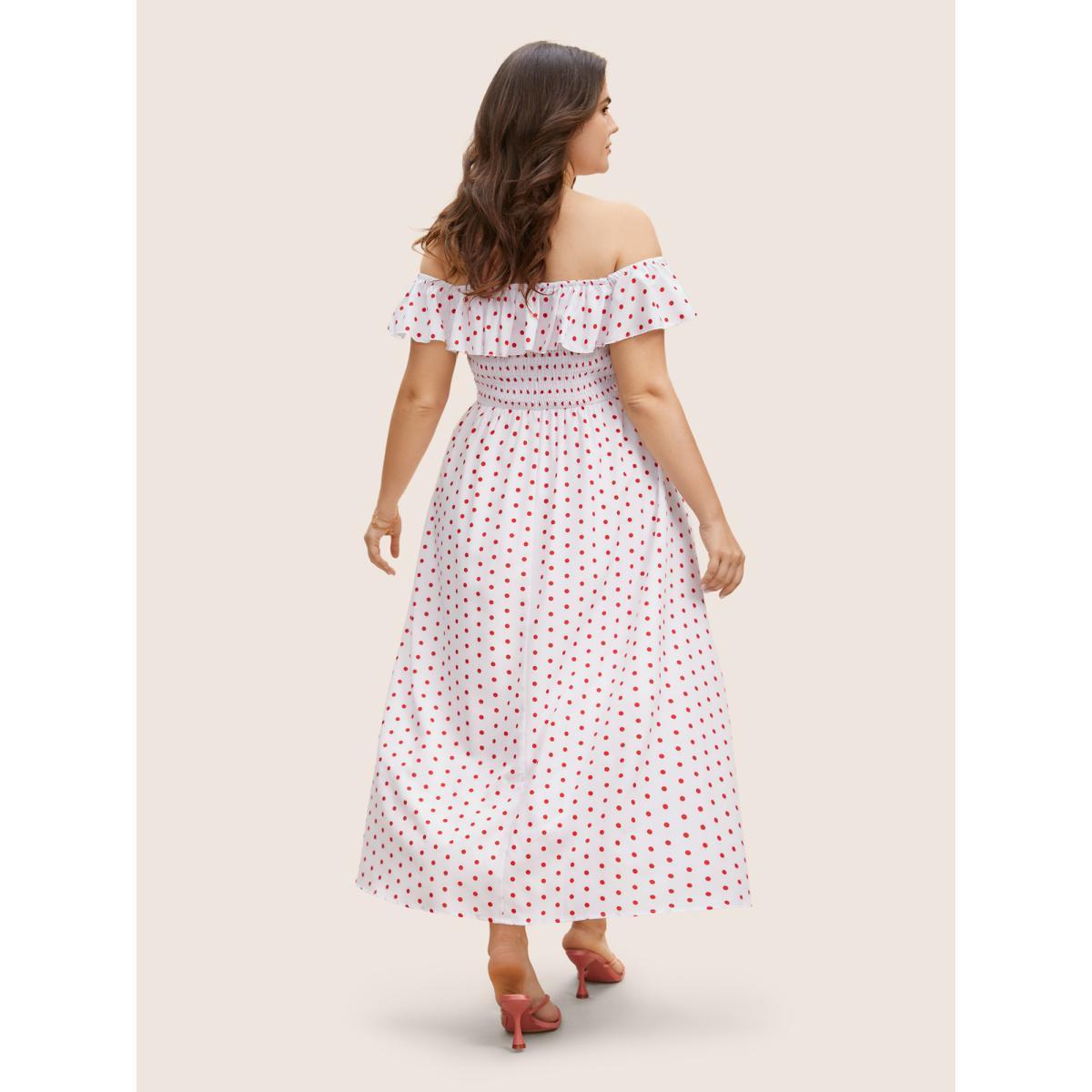 Plus Size Off Shoulder Polka Dot Shirred Ruffles Dress Originalwhite Women Elegant Shirred One-shoulder neck Short sleeve Curvy BloomChic 10/M Product Image