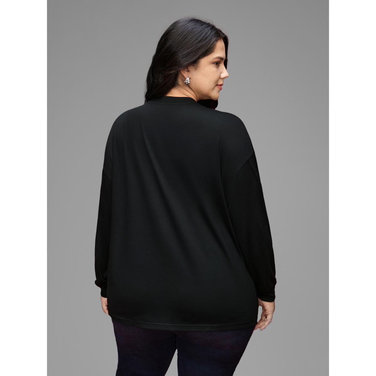 Plus Size Rhinestone Embellished Shoulder Round Neck Tee Black Women Casual Rhinestone detailing Round Neck Everyday T-shirts BloomChic 28/5X Product Image