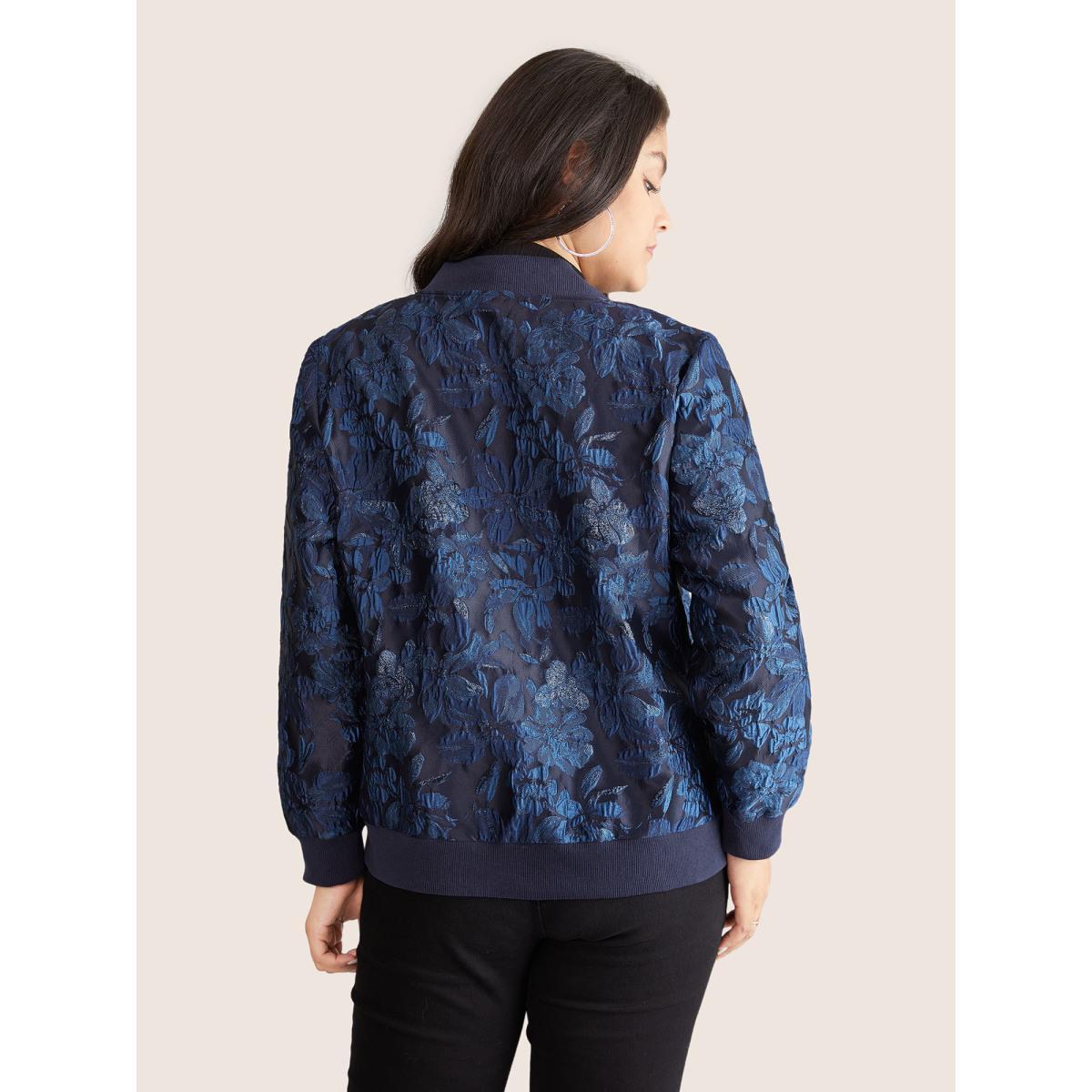 Plus Size Floral Patchwork Zipper Jacquard Jacket Women Indigo Elastic cuffs Pocket Everyday Jackets BloomChic 22-24/3X Product Image