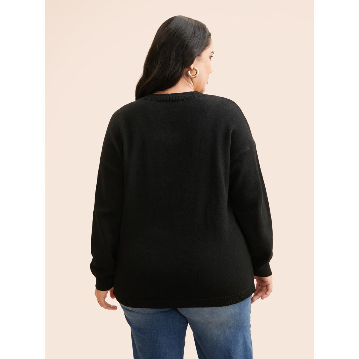 Plus Size Dog Jacquard Fluffy Drop Shoulder Pullover Black Women Casual Long Sleeve Round Neck Everyday Pullovers BloomChic 28/5X Product Image