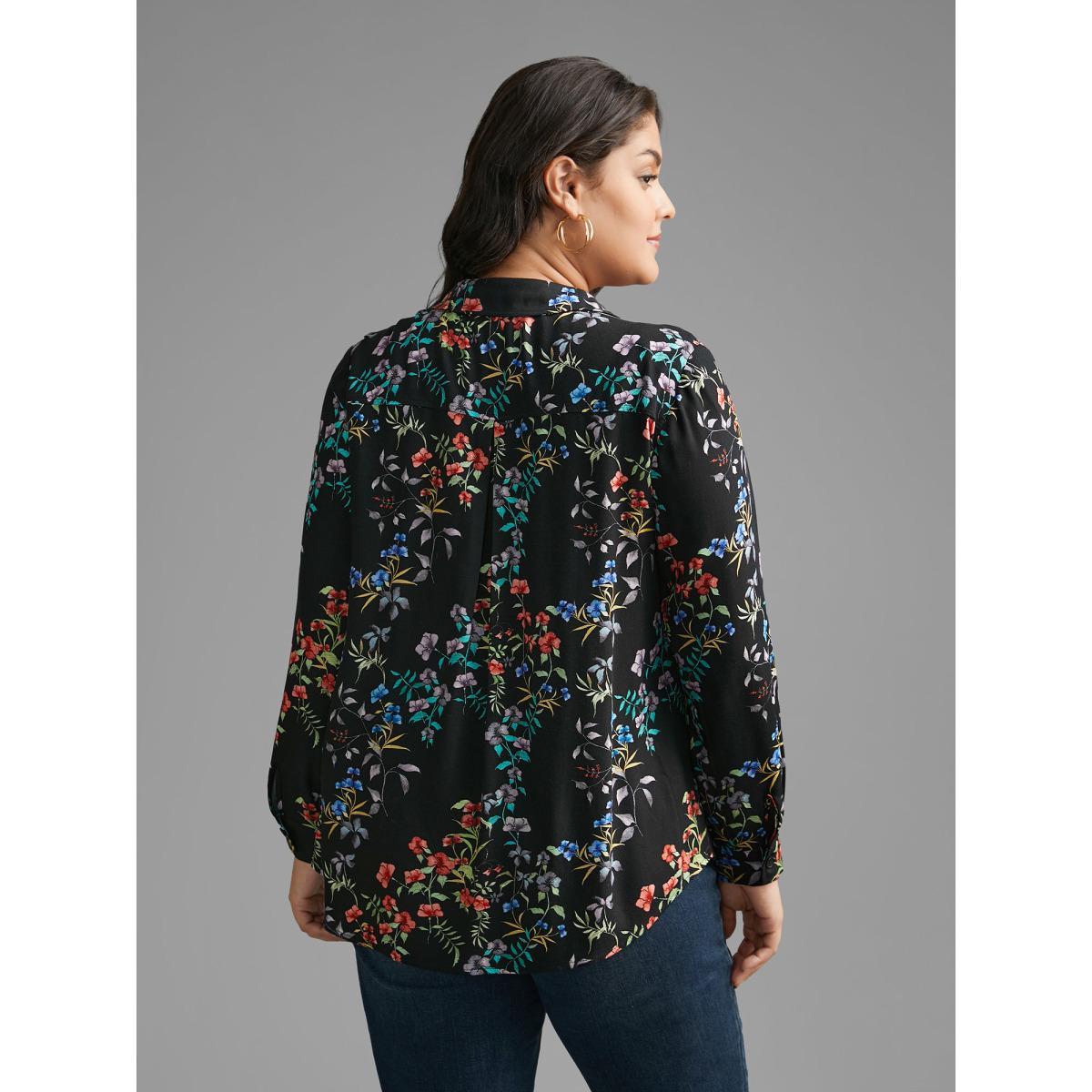 Plus Size Black Shirt Collar Floral Patched Pocket Blouse Women Elegant Long Sleeve Shirt collar Everyday Blouses BloomChic 12/L Product Image