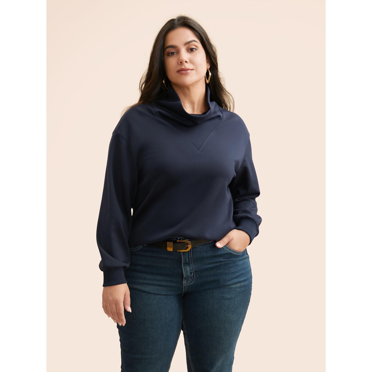 Plus Size Ruffled Collar Plain Drop Shoulder Sweatshirt Women Indigo Casual Non Ruffled collar Everyday Sweatshirts BloomChic 10/M Product Image