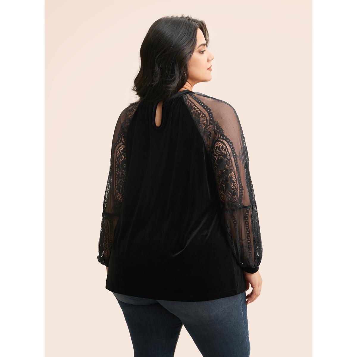 Plus Size Burgundy Lace Patchwork Velvet Raglan Sleeve Blouse Women Elegant Long Sleeve Stand-up collar Everyday Blouses BloomChic 30/6X Product Image