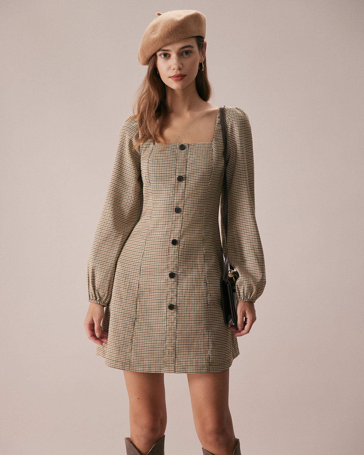 The Khaki Square Neck Plaid Button Mini Dress Product Image