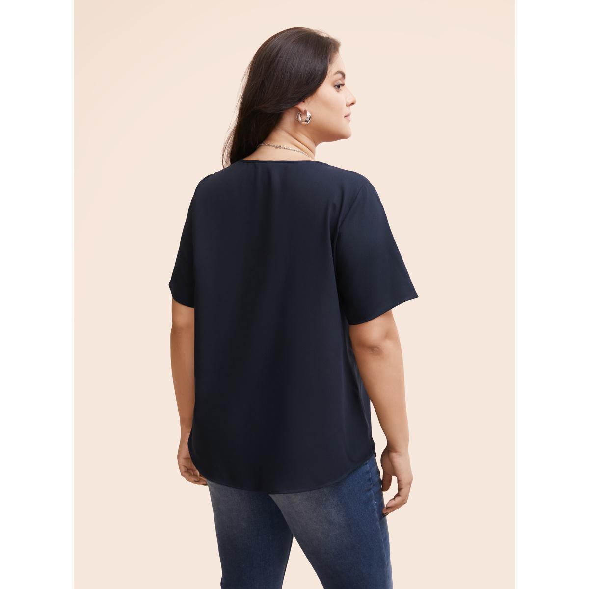 Plus Size Indigo Solid V Neck Woven Ribbon Blouse Women Elegant Half Sleeve V-neck Everyday Blouses BloomChic 28/5X Product Image