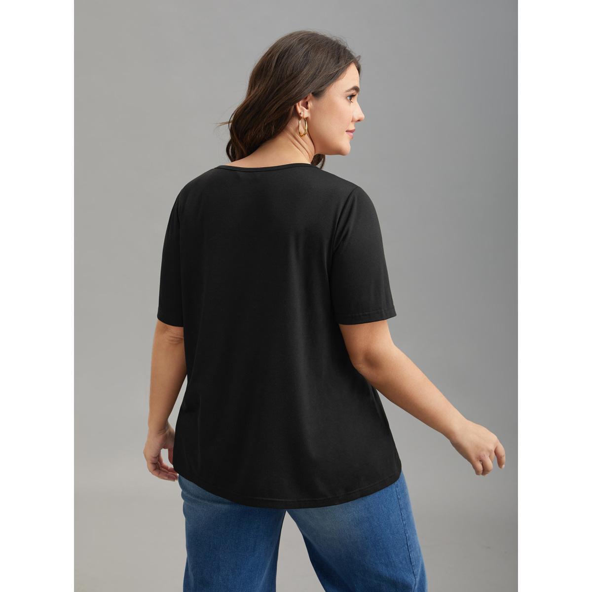 Plus Size Stretchy Ripped Neck Fitted T-Shirt Black Women Casual Cut-Out Round Neck Everyday T-shirts BloomChic 12/L Product Image
