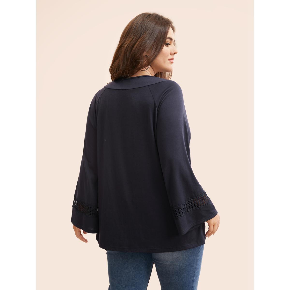 Plus Size Round Neck Lace Trim Raglan Sleeve T-shirt Indigo Women Casual Gathered Round Neck Everyday T-shirts BloomChic 22-24/3X Product Image