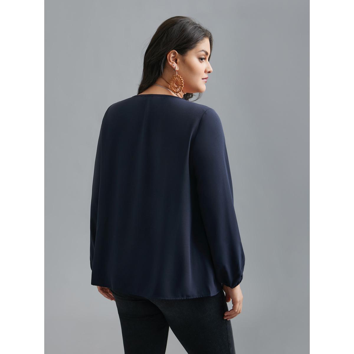 Plus Size Indigo Bandana Print Patchwork Ties Blouse Women Resort Long Sleeve Non Vacation Blouses BloomChic 28/5X Product Image