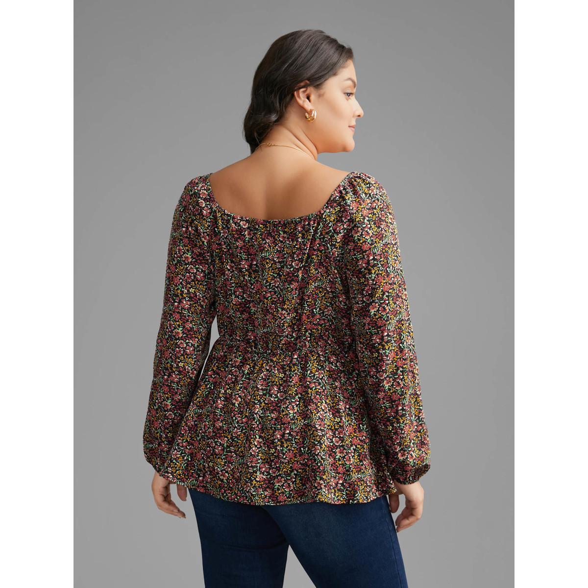 Plus Size Black Ditsy Floral Woven Ribbon Gathered Blouse Women Elegant Long Sleeve Heart neckline Everyday Blouses BloomChic 30/6X Product Image