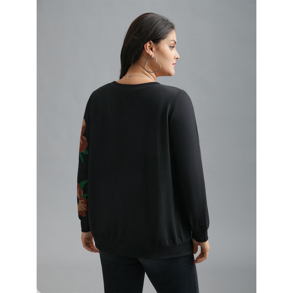 Plus Size Round Neck Floral Print Fitted Sweatshirt Women Black Casual Non Round Neck Everyday Sweatshirts BloomChic 18-20/2X Product Image