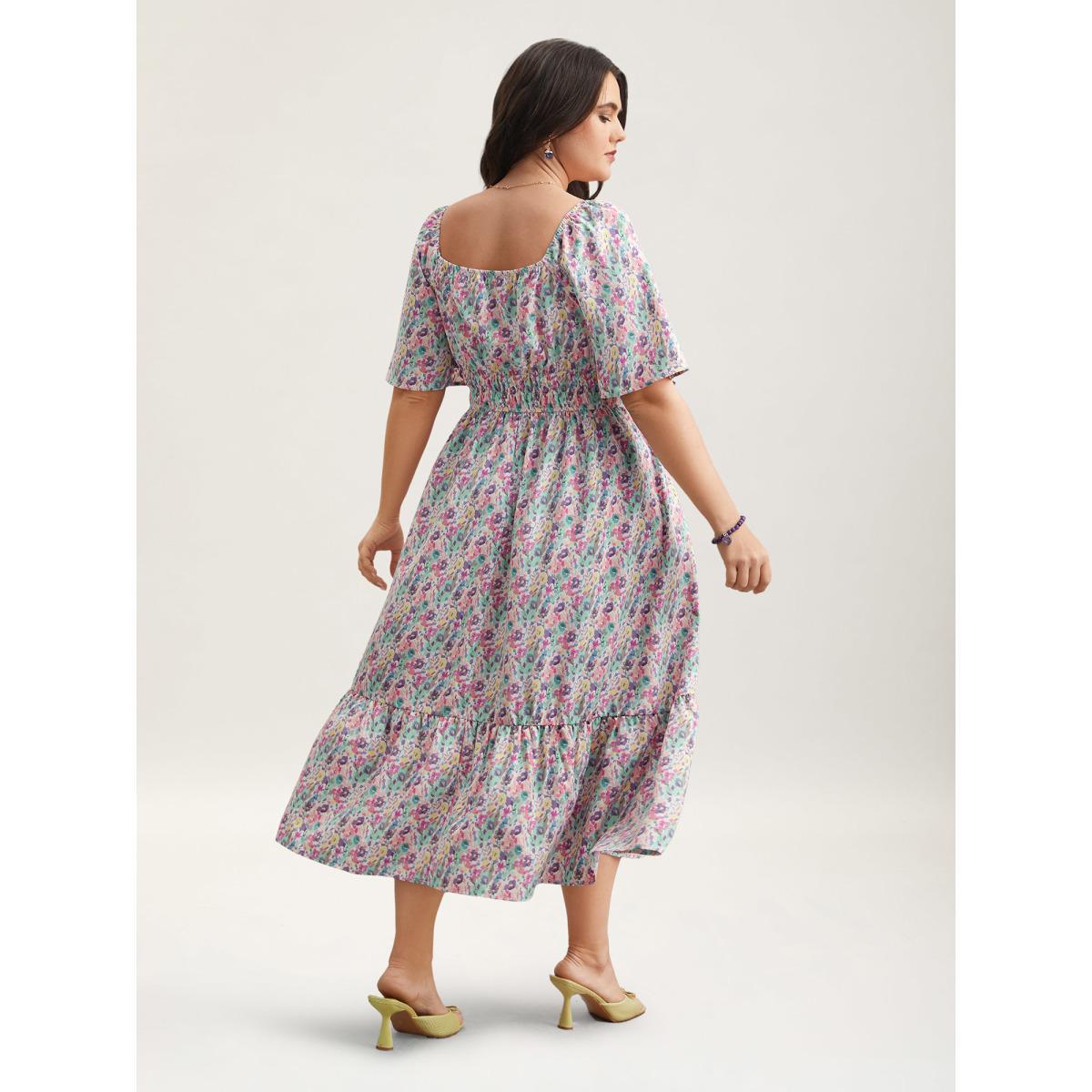 Plus Size Smocked Waist Floral Ties Tiered Maxi Dress Multicolor Women Elegant Tie knot Square Neck Short sleeve Curvy BloomChic 10/M Product Image