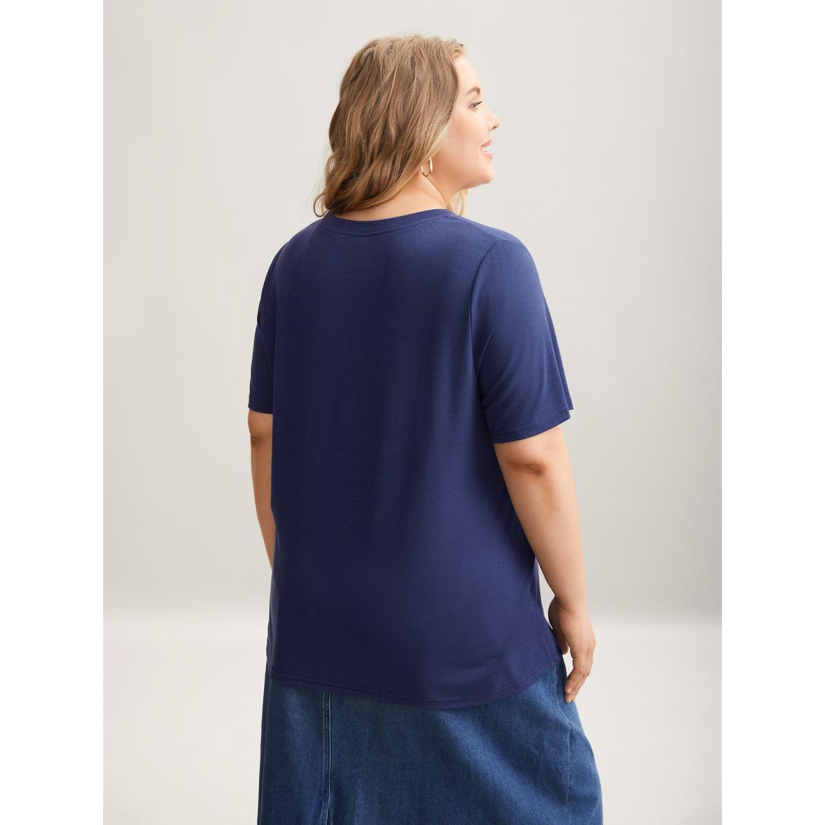 Plus Size Plants Print Stretchy Crew Neck T-Shirt DarkBlue Women Casual Non Natural Flowers Round Neck Everyday T-shirts BloomChic 10/M Product Image
