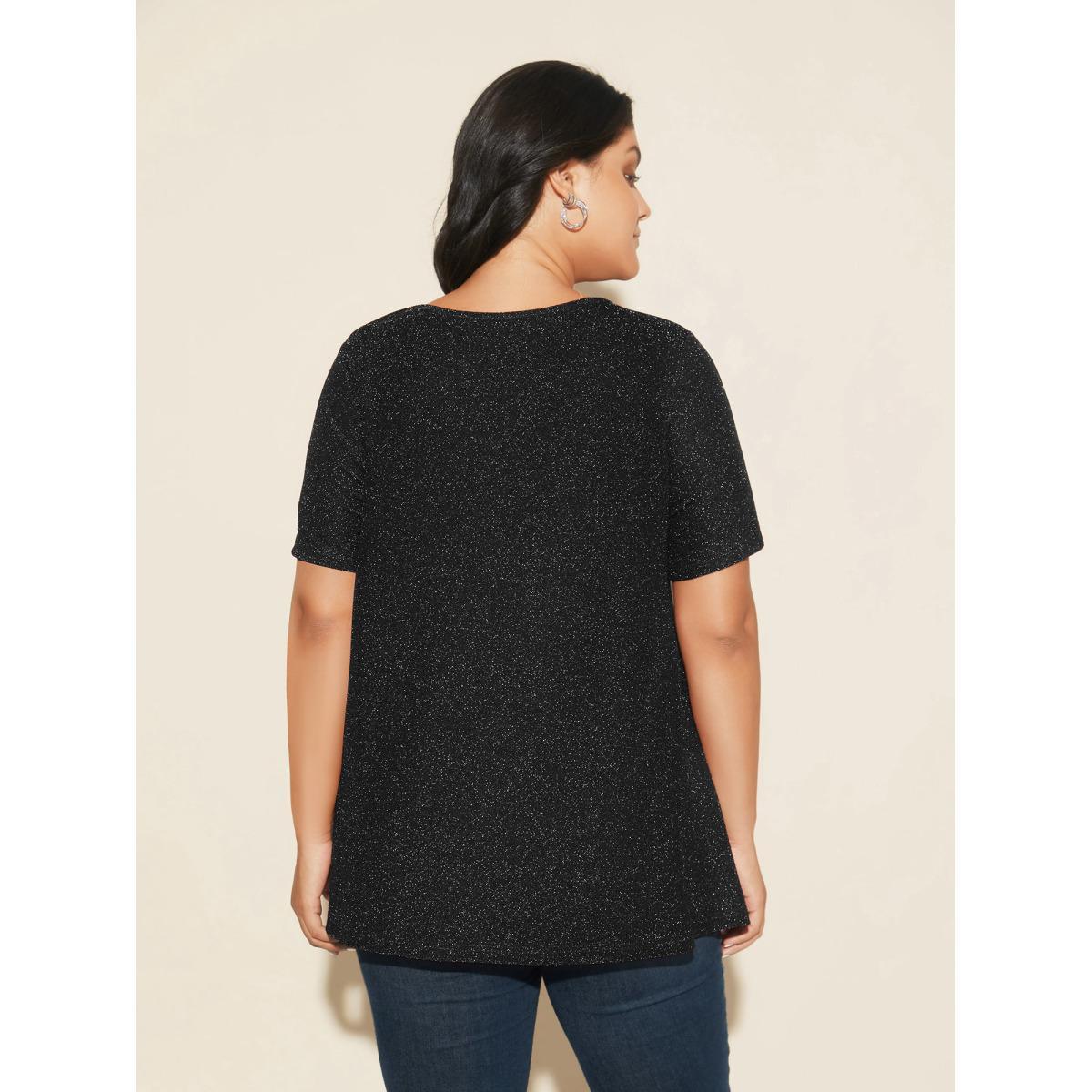 Plus Size Shimmering Gold & Silver Thread A-Line Tee Black Women Casual Non Round Neck Loose Everyday T-shirts BloomChic 10/M Product Image