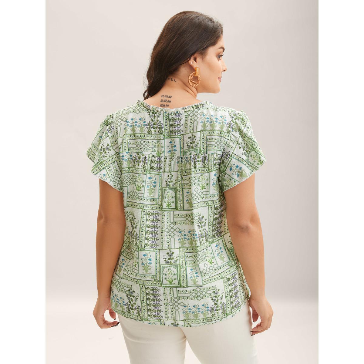 Plus Size Moss Serene Leaf Collage Flutter Sleeve Blouse Women Short sleeve Notched collar Vacation Blouses BloomChic 10/M Product Image