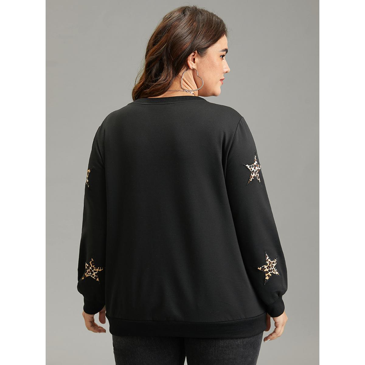 Plus Size Leopard Star Rib Knit Crew Neck Sweatshirt Women Black Casual Rib Knit Round Neck Dailywear Sweatshirts BloomChic 14-16/1X Product Image