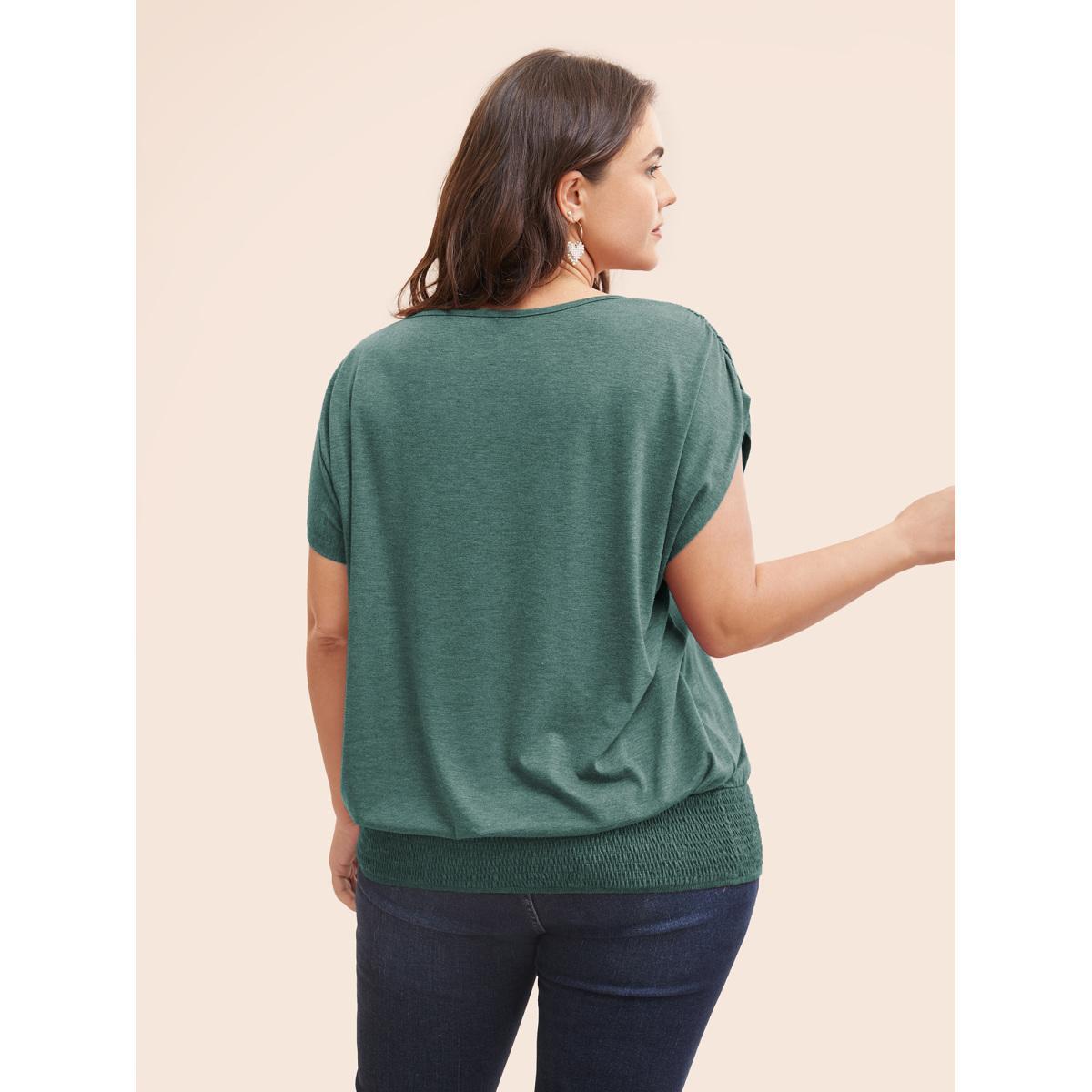 Plus Size Solid Ruched Batwing Sleeve Shirred Hem T-shirt Cyan Women Elegant Ruched Plain Boat Neck Everyday T-shirts BloomChic 14-16/1X Product Image