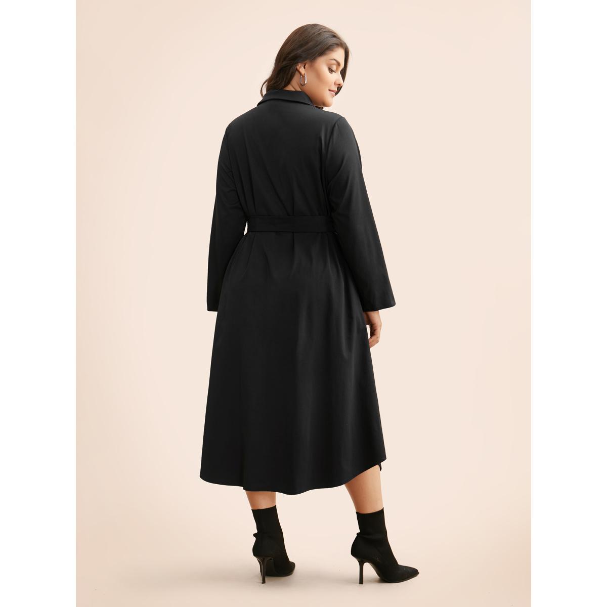 Plus Size Shirt Collar Curved Hem Midi Dress Black Women At the Office Belted Shirt collar Long Sleeve Curvy BloomChic 18-20/2X Product Image