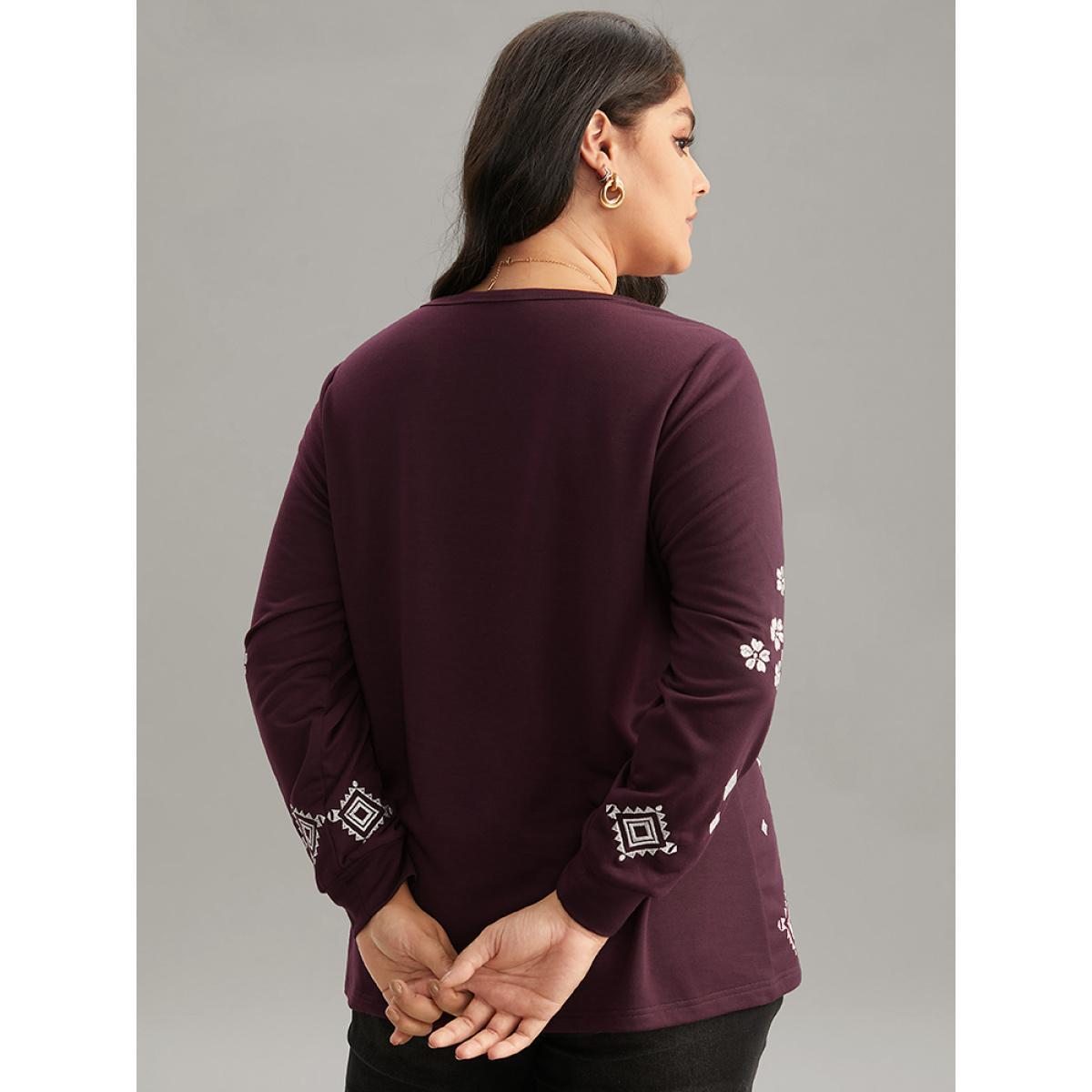 Plus Size Boho & Floral Textured Embroidery Round Neck Sweatshirt Women Maroon Elegant Embroidered Round Neck Dailywear Sweatshirts BloomChic 12/L Product Image