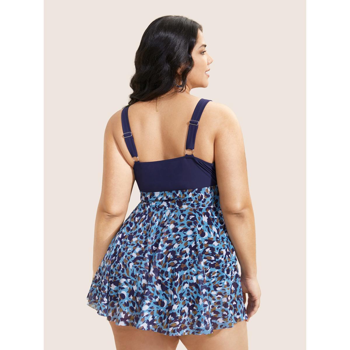 Plus Size V Neck Leopard Print Patchwork Swim Dress Women's Swimwear Indigo Beach Bodycon Overlap Collar High stretch Curve Swim Dresses BloomChic 10/M Product Image