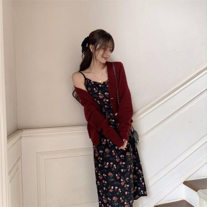 Spaghetti Strap Floral Print Midi A-Line Dress / Cardigan Product Image
