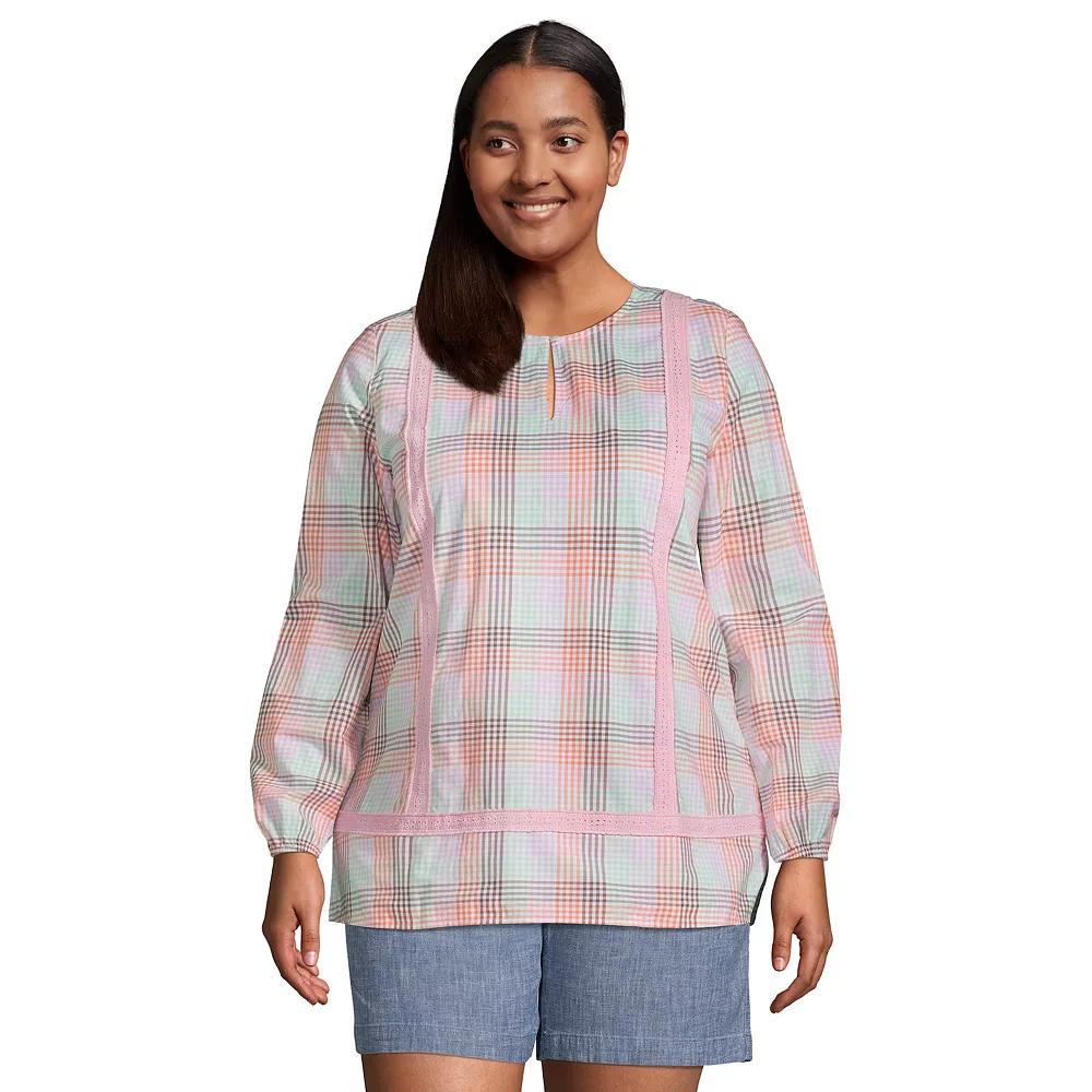 Plus Size Lands' End Poplin Splitneck Tunic Top, Women's, Size: 1XL, Wild Blossom Check Product Image