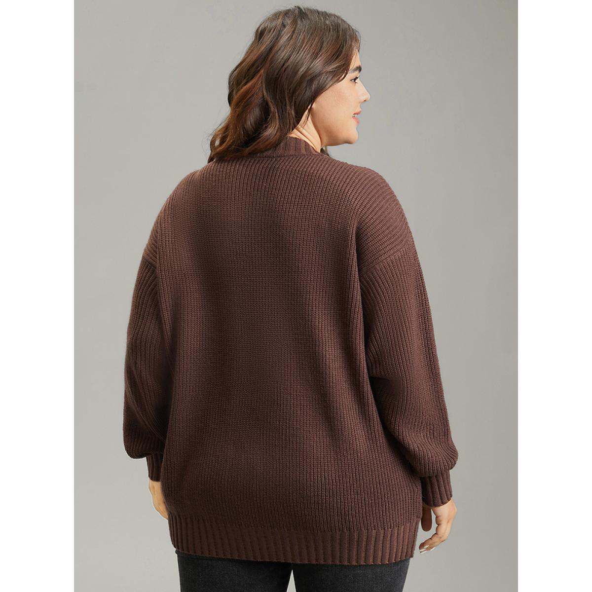 Plus Size Solid Surplice Neck Elastic Cuffs Pullover DarkBrown Women Casual Loose Long Sleeve V-neck Dailywear Pullovers BloomChic 30/6X Product Image