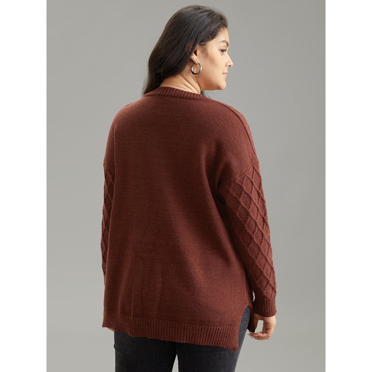 Plus Size Supersoft Essentials V Neck Solid Split Side Cable Knit Pullover Scarlet Women Casual Loose Long Sleeve V-neck Everyday Pullovers BloomChic 22-24/3X Product Image