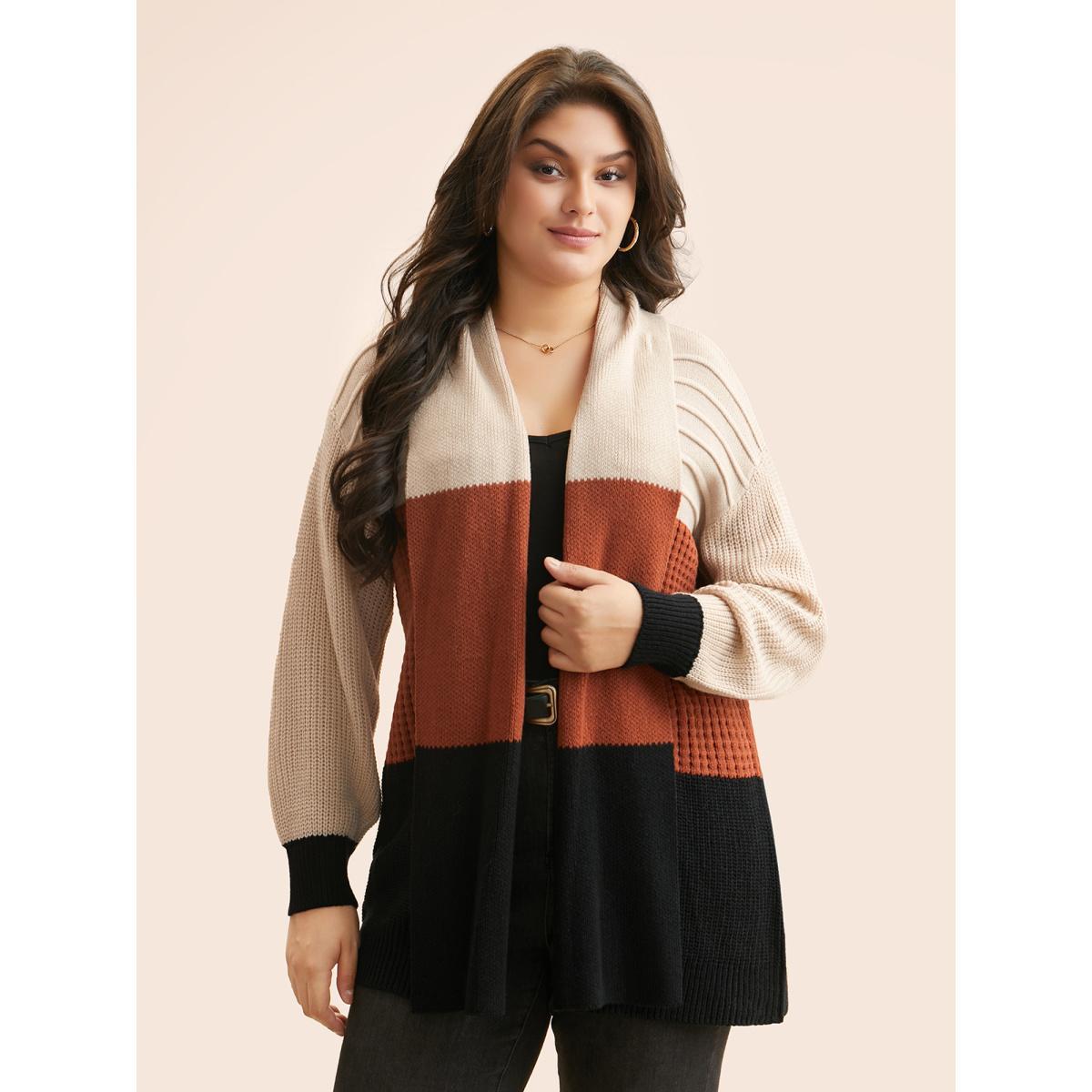 Plus Size Colorblock Contrast Lapel Collar Texture Cardigan Apricot Women Casual Loose Long Sleeve Everyday Cardigans BloomChic 26/4X Product Image
