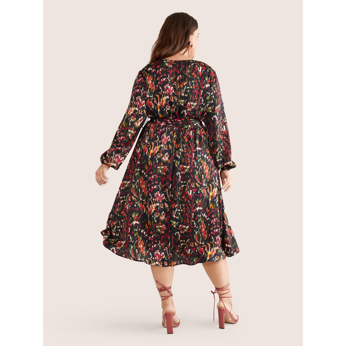 Plus Size Boho Print Wrap Pocket Lantern Sleeve Dress Black Women Elegant Elastic cuffs V-neck Long Sleeve Curvy Midi Dress BloomChic 10/M Product Image