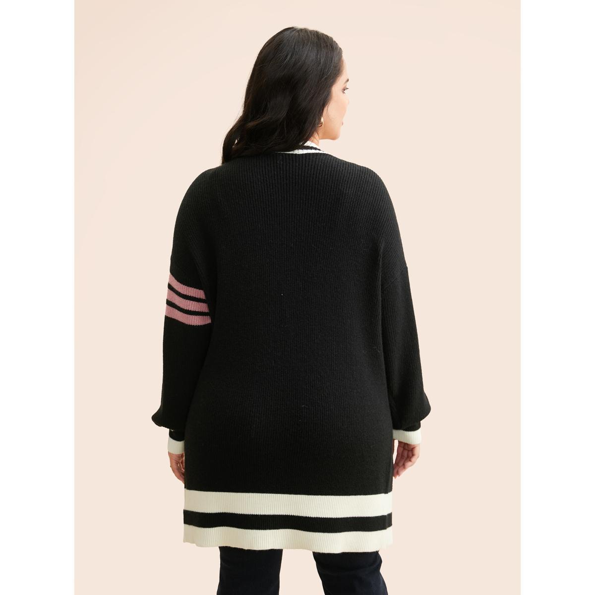 Plus Size Contrast Striped Drop Shoulder Cardigan Black Women Casual Loose Long Sleeve Everyday Cardigans BloomChic 26/4X Product Image