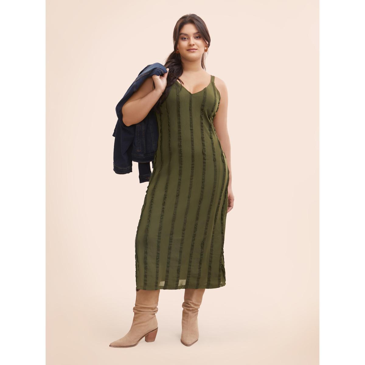 Plus Size Tucked Seam Textured Cami Dress Olive Women Casual Tucked seam V-neck Sleeveless Curvy BloomChic 12/L Product Image