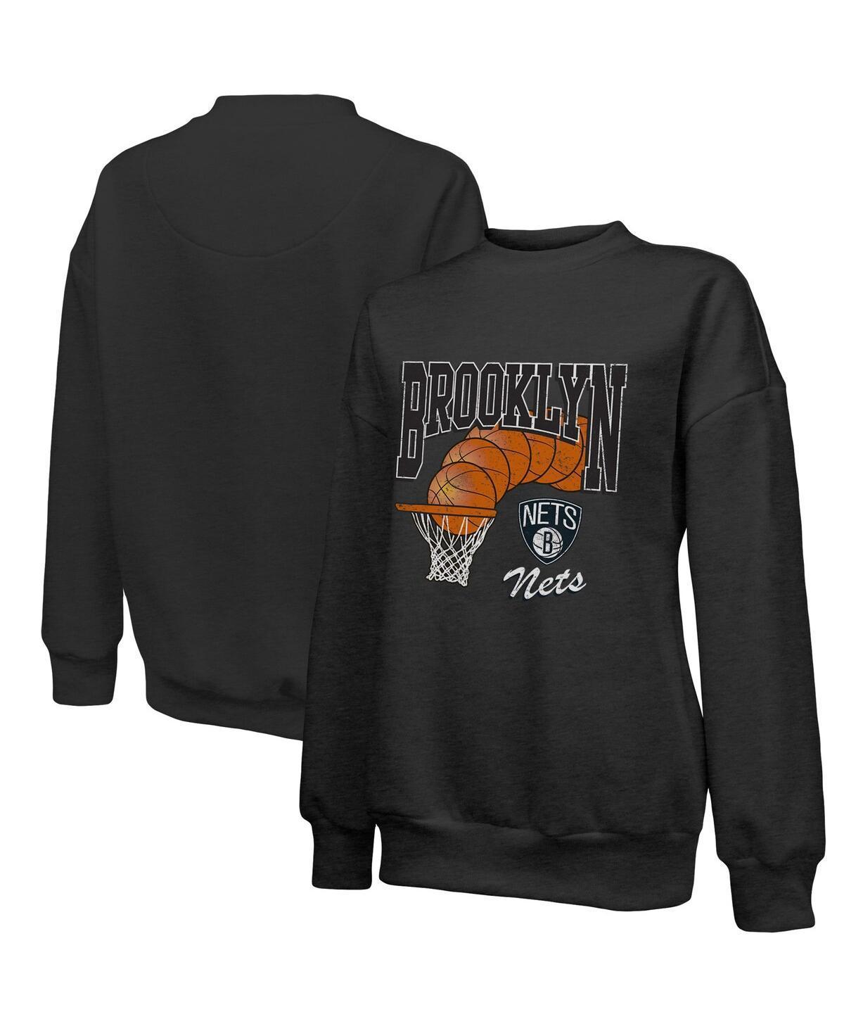Women's Majestic Threads Black Brooklyn Nets Bank Shot Pullover Tri-Blend Sweatshirt, Size: Medium Product Image