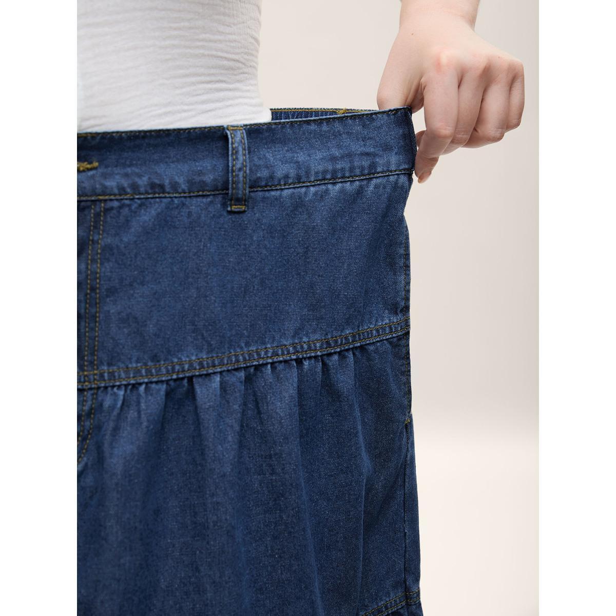 Plus Size Seamed Tiered A-Line Denim Maxi Skirt Women Darkindigo Vacation No stretch Medium Wash 26/4X Slanted pocket Denim Skirts BloomChic Product Image