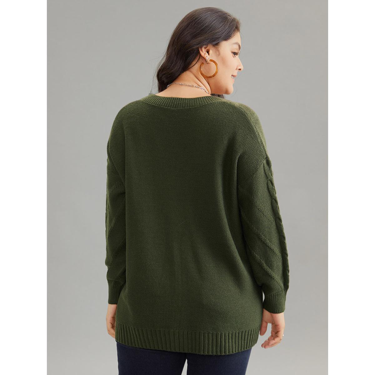 Plus Size Cable Knit Plisse Moderately Stretchy Pullover ArmyGreen Women Casual Loose Long Sleeve V-neck Dailywear Pullovers BloomChic 30/6X Product Image