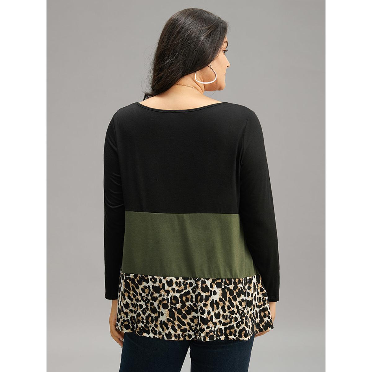 Plus Size Colorblock Leopard Contrast Round Neck T-shirt Multicolor Women Casual Contrast Leopard Round Neck Everyday T-shirts BloomChic 10/M Product Image