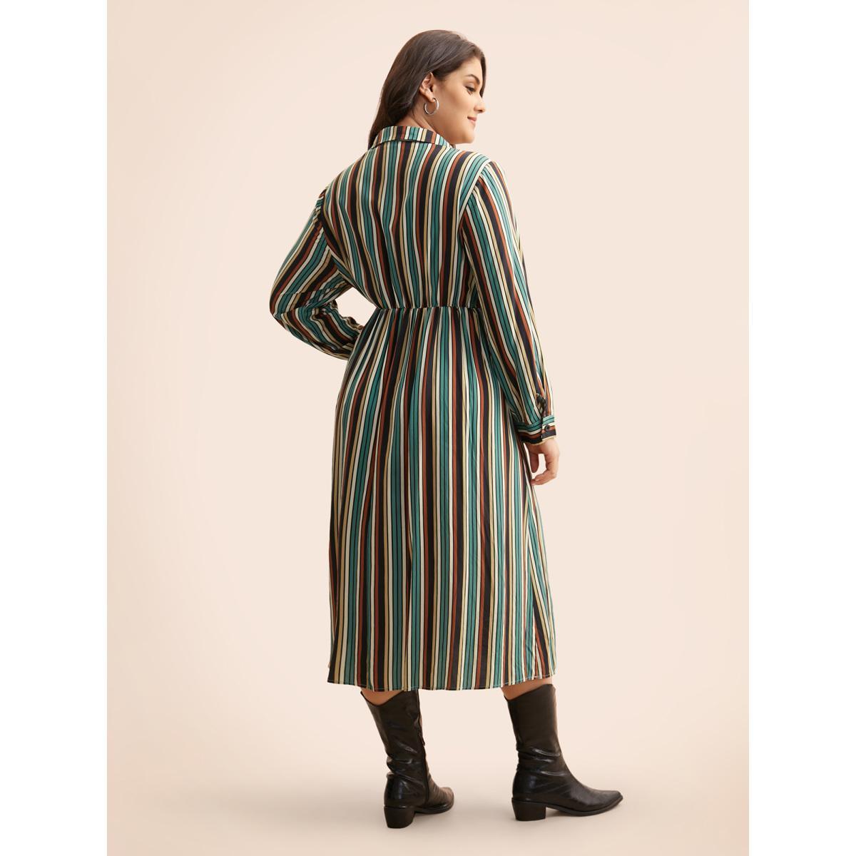 Plus Size Shirt Collar Contrast Striped Midi Dress Multicolor Women Casual Button Shirt collar Long Sleeve Curvy BloomChic 10/M Product Image